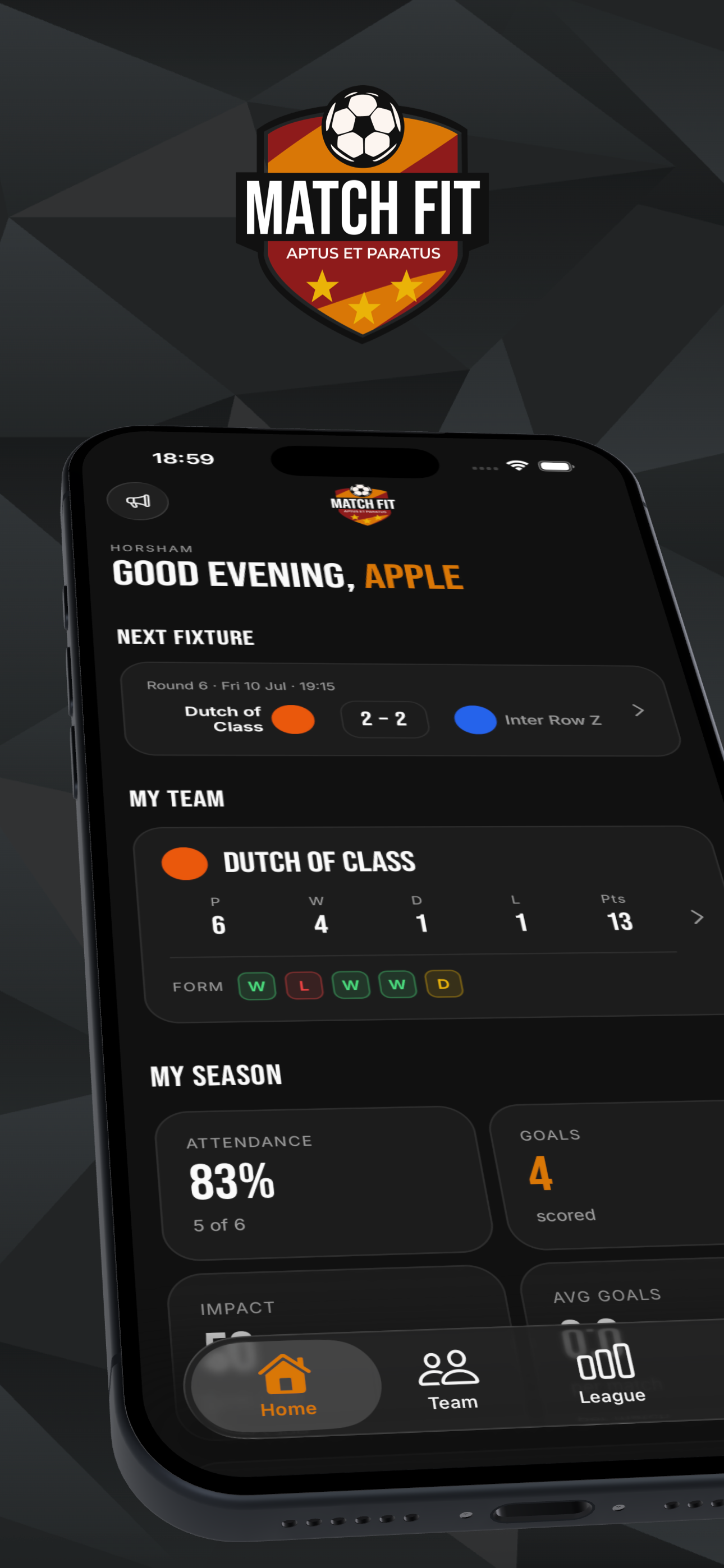 Match Fit app home screen showing next fixture, team standing and season stats