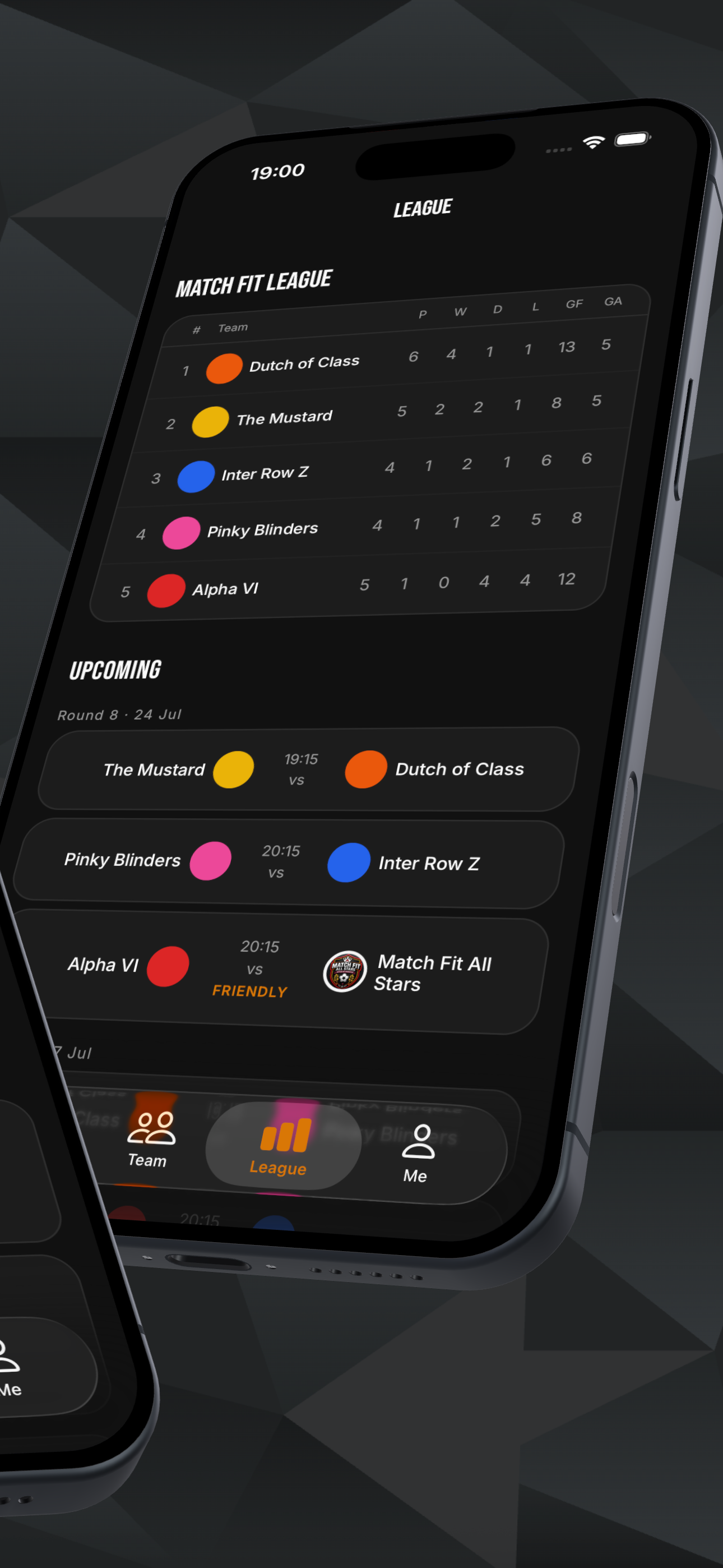 Match Fit app league screen showing the full table and upcoming fixtures