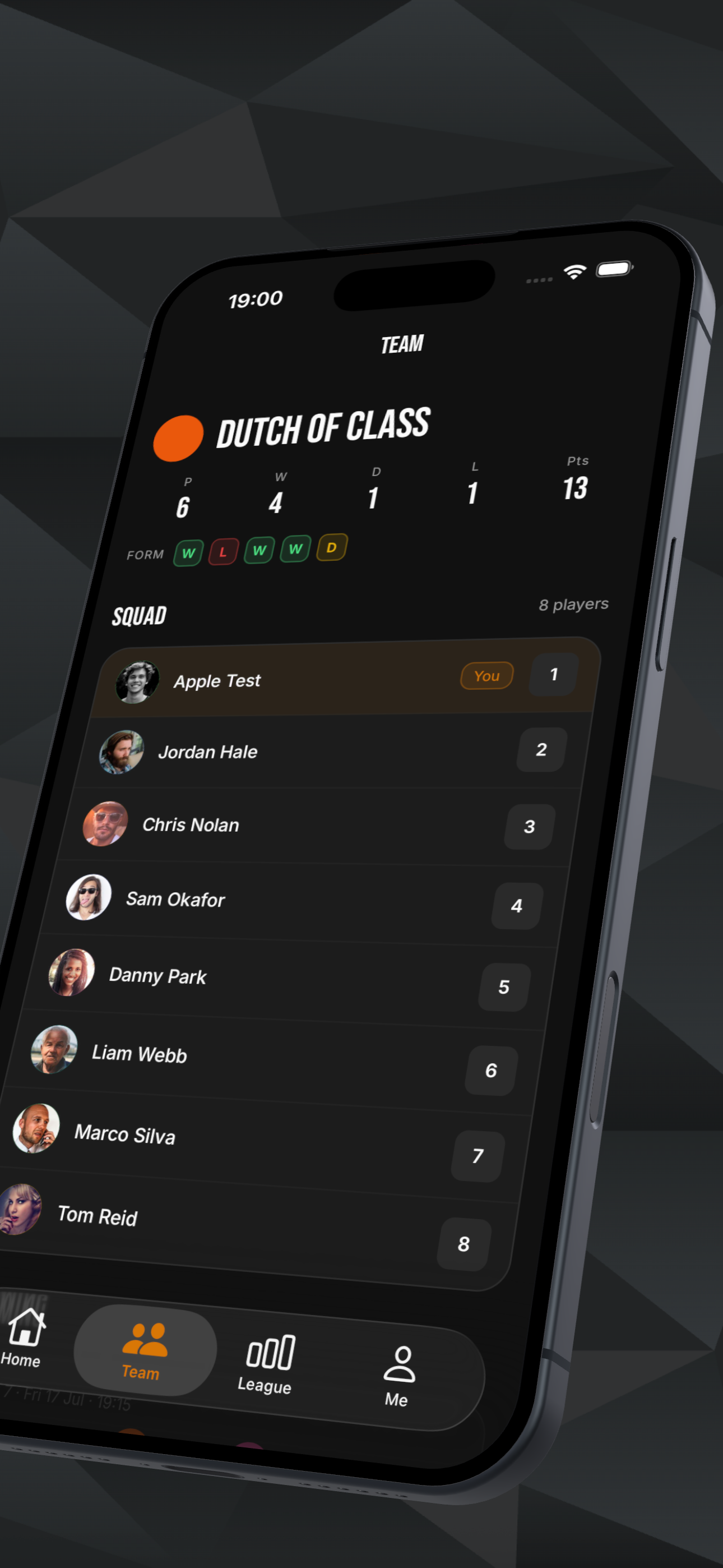 Match Fit app team screen showing the squad list and team record